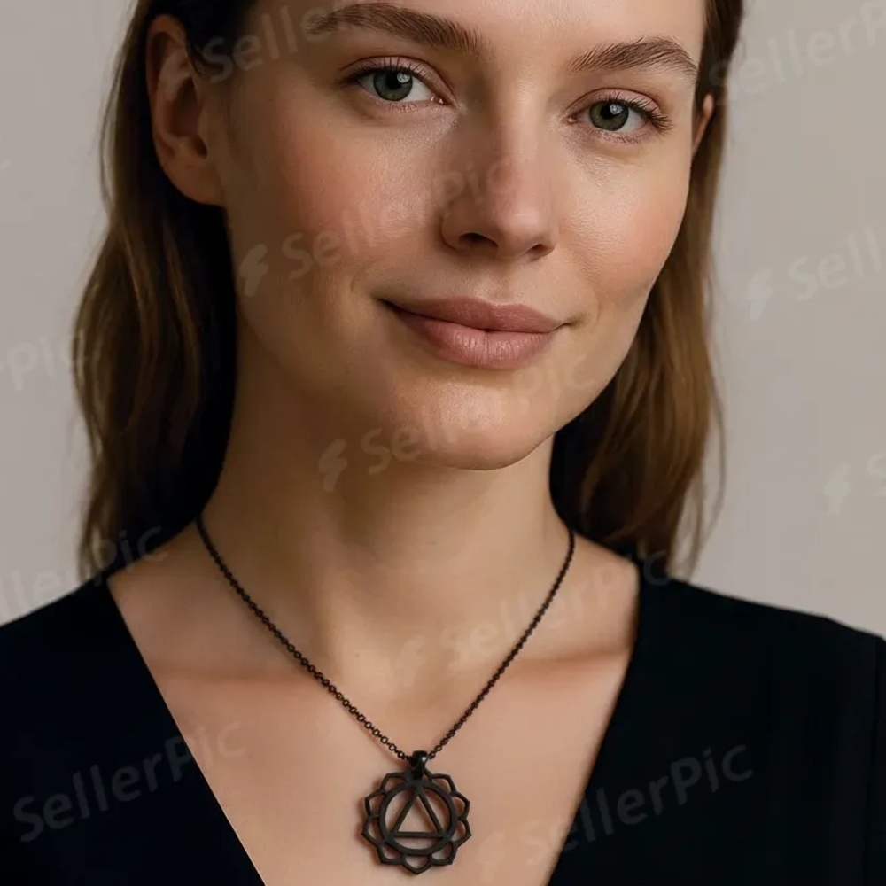 Black Geometric Stainless Steel  Triangle Lotus Pendant Necklace